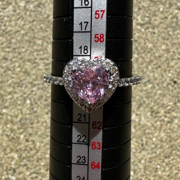 NEW Pink Heart-shaped & Clear Crystal CZ Halo Ring White Gold Plated Size 9 - Picture 3 of 12